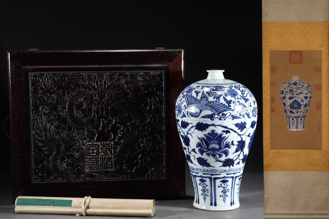 A Huge Blue and White Lotus and Phoenix Pattern Vase,with Chinese Vertical Scroll Ink Painting on: A Huge Blue and White Lotus and Phoenix Pattern Vase,with Chinese Vertical Scroll Ink Painting on Silk,Yuan Dynasty,China,Size16.7inx9.3in,(Silk)24.6inx10.8in 青花缠枝莲&