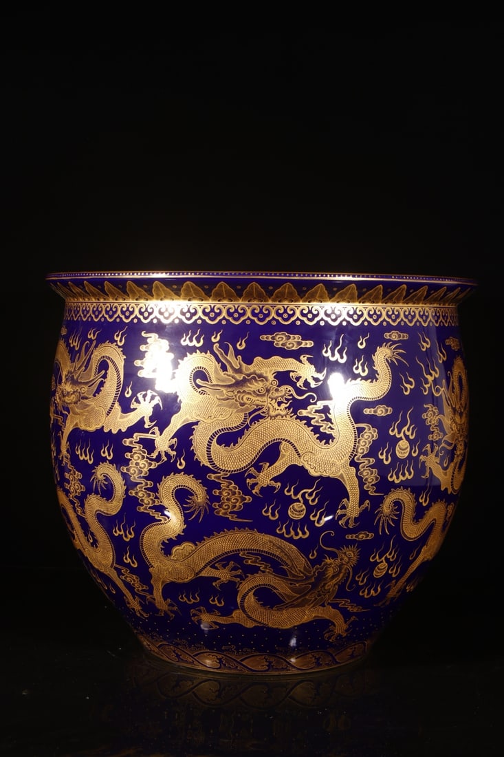 A Huge Ji Blue Glazed Painted Gold Auspicious Cloud and Dragon Pattern Vat: A Huge Ji Blue Glazed Painted Gold Auspicious Cloud and Dragon Pattern Vat,Qing Dynasty,China,Qianlong Four-character Mark,Size:19.3inx22.2in 霁蓝釉描金祥云&#