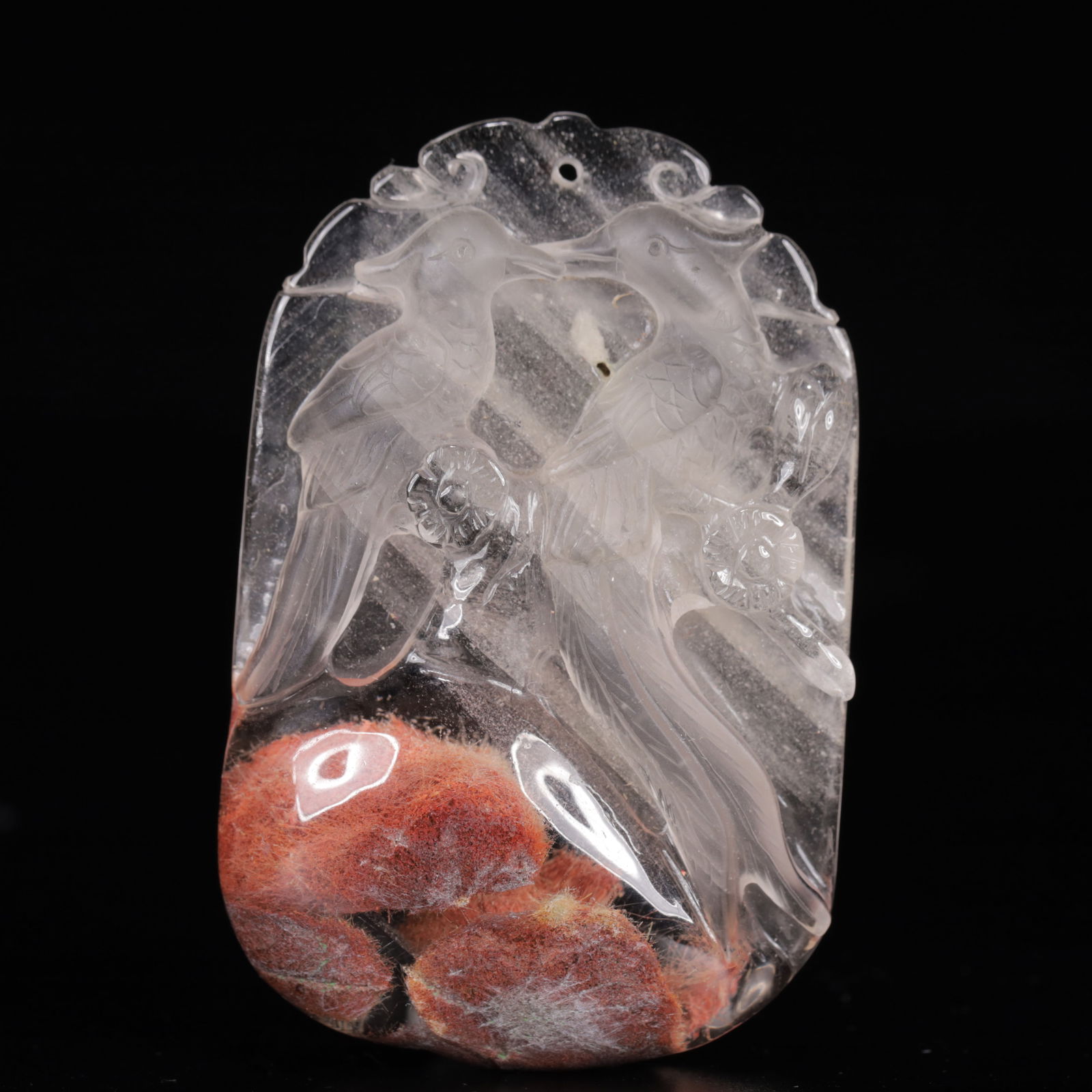 An Exquisite Crystal Flower and Bird Pattern Pendant: An Exquisite Crystal Flower and Bird Pattern Pendant,Size:1.6inx0.4inx2.6in,Weight:48g 水晶花鸟纹挂件