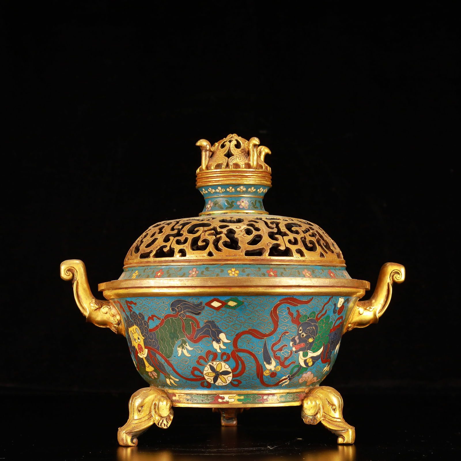 An Exquisite Cloisonne Auspicious Beast Pattern Elephant-Ears Tripod Censer: An Exquisite Cloisonne Auspicious Beast Pattern Elephant-Ears Tripod Censer,(A type of enamelware with metal wires separating colored glaze, originating in China),Qing Dynasty,China,Qianlong