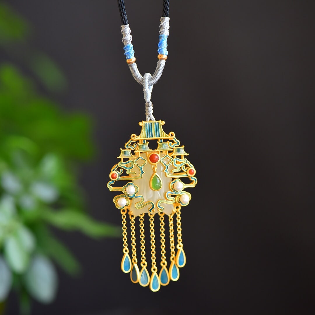 An Exquisite Sterling Silver-Gold Plated Inlaid White Jade Enamel Pendant,Inlaid Pearls: An Exquisite Sterling Silver-Gold Plated Inlaid White Jade Enamel Pendant,Inlaid Pearls 