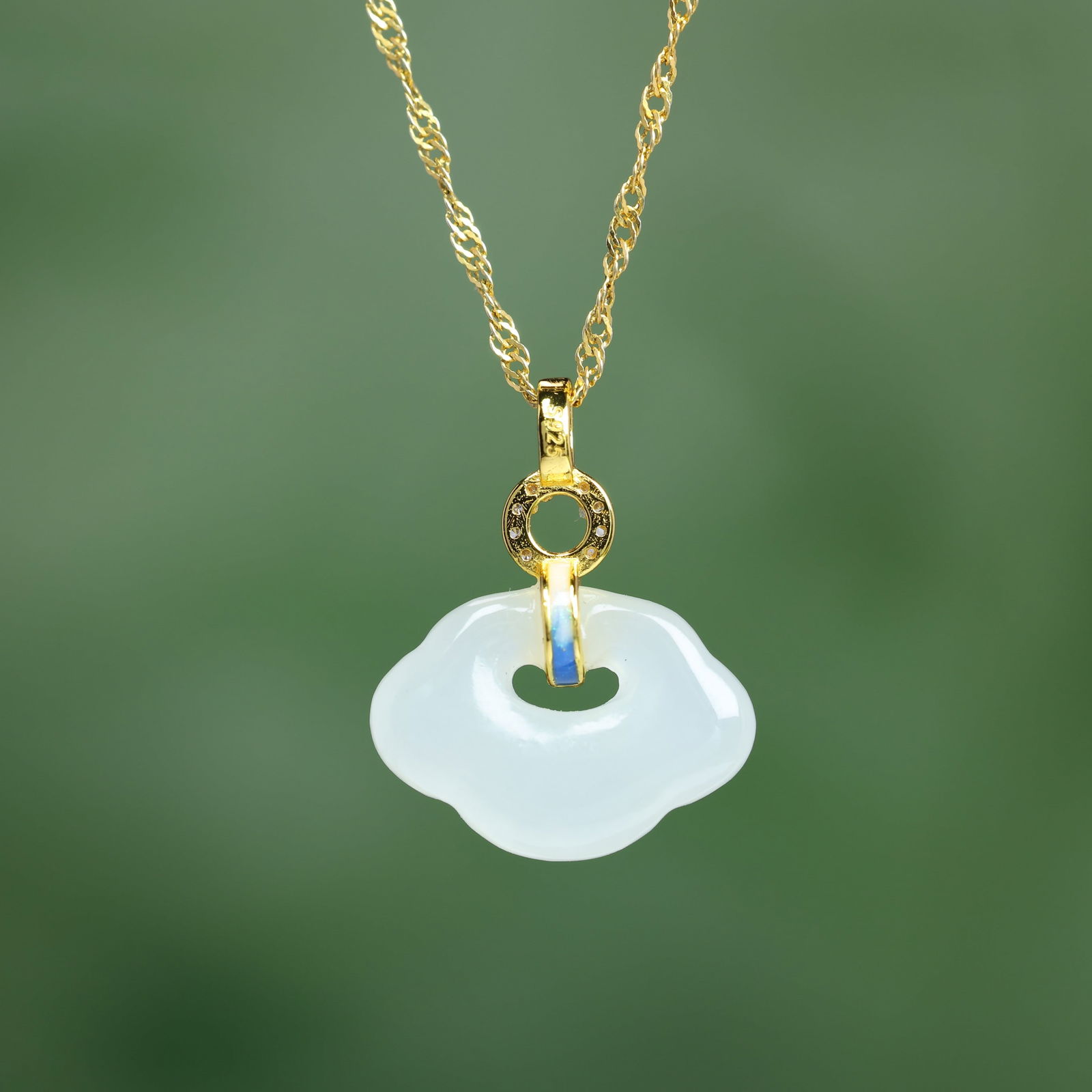 An Exquisite Sterling Silver-Gold Plated Inlaid White Jade Enamel Pendant , Inlaid Diamond: Sterling Silver-Gold Plated Inlaid White Jade Enamel Pendant , Inlaid Diamond , Size :0.5inx0.6in 