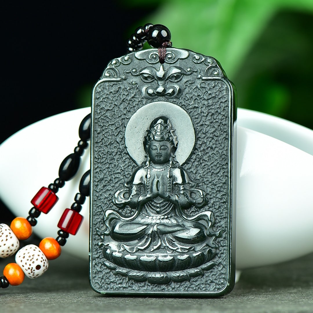 An Exquisite Sapphire Avalokitesvara Pattern Pendant: An Exquisite Sapphire Avalokitesvara Pattern Pendant,Size:1.6inx2.6in 寓意:吉祥 普度众生 保平安 青玉观音ࠔ