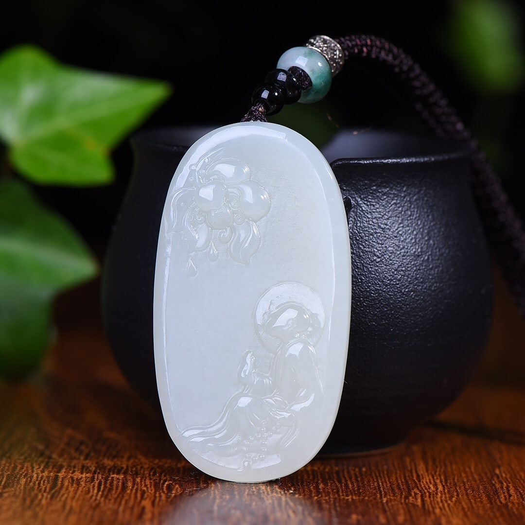 An Exquisite White Jade Lotus and Buddha Pattern Pendant (1 of 5)