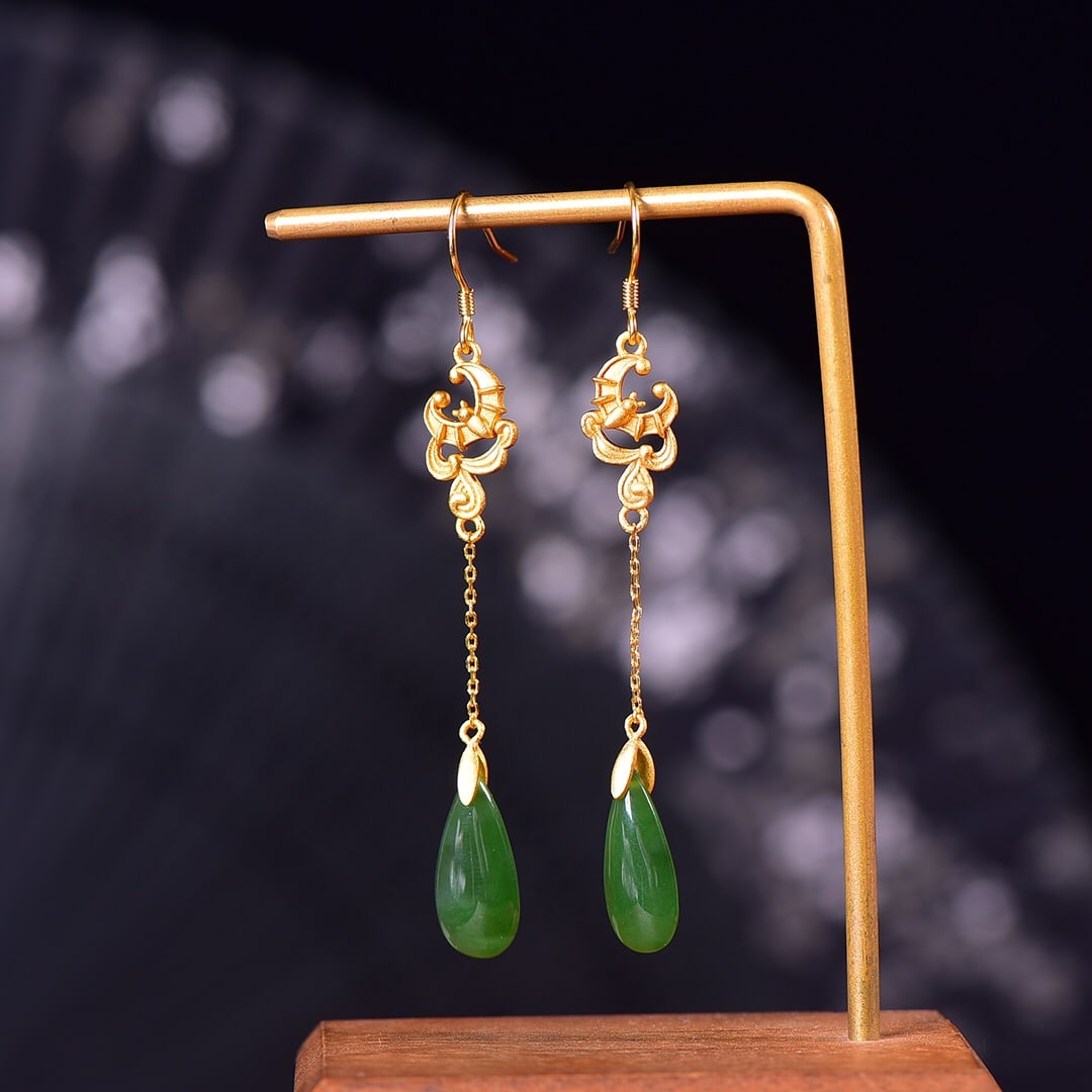 A Pair of Exquisite Sterling Silver-Gold Plated Inlaid Jasper Earrings: A Pair of Exquisite Sterling Silver-Gold Plated Inlaid Jasper Earrings,Size:0.3inx0.7in 一对纯银镀金镶碧玉耳环