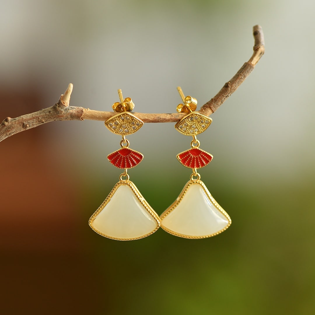 A Pair of Exquisite Sterling Silver-Gold Plated Inlaid White Jade Enamel Earrings: A Pair of Exquisite Sterling Silver-Gold Plated Inlaid White Jade Enamel Earrings, 一对纯银镀金镶白玉珐琅耳环