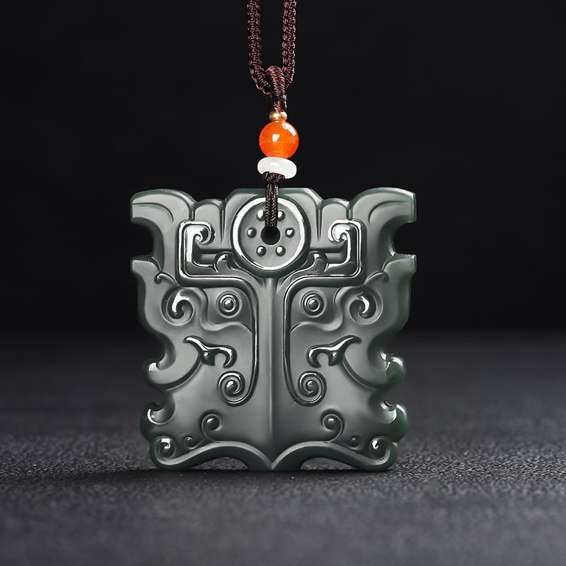 An Exquisite Cyan jade Beast-Face Pattern Pendant: An Exquisite Cyan jade Beast-Face Pattern Pendant,Size:1.8inx1.8inx0.3in 青玉兽面纹挂件