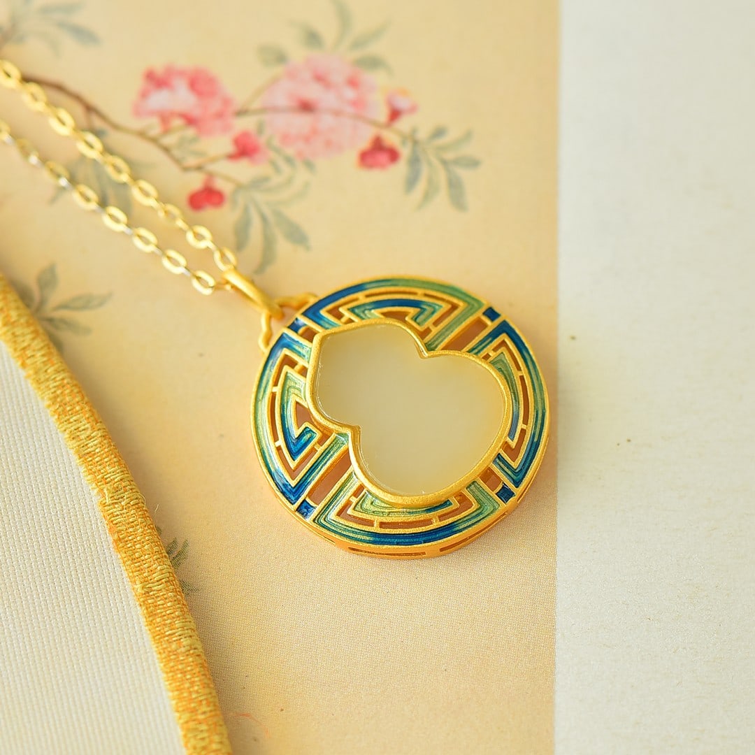 An Exquisite Sterling Silver-Gold Plated Inlaid White Jade Enamel Pendant: An Exquisite Sterling Silver-Gold Plated Inlaid White Jade Enamel Pendant 纯银镀金镶白玉珐琅吊坠