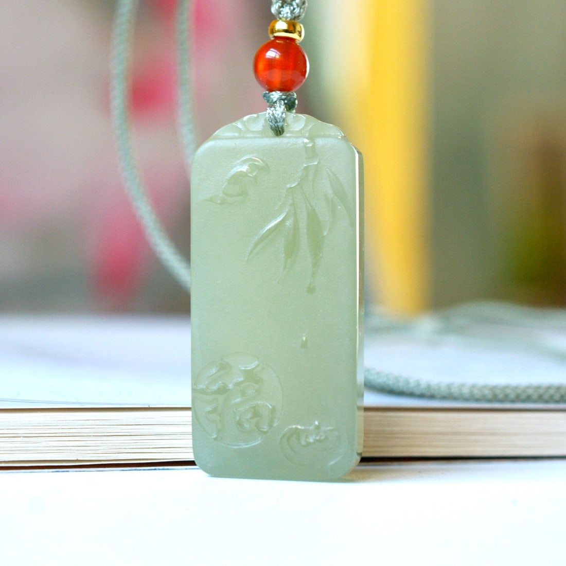 An Exquisite Greenish Jade Fu-Character Pattern Pendant: An Exquisite Greenish Jade Fu-Character Pattern Pendant,Size:0.7inx1.6in 青玉福字纹挂件