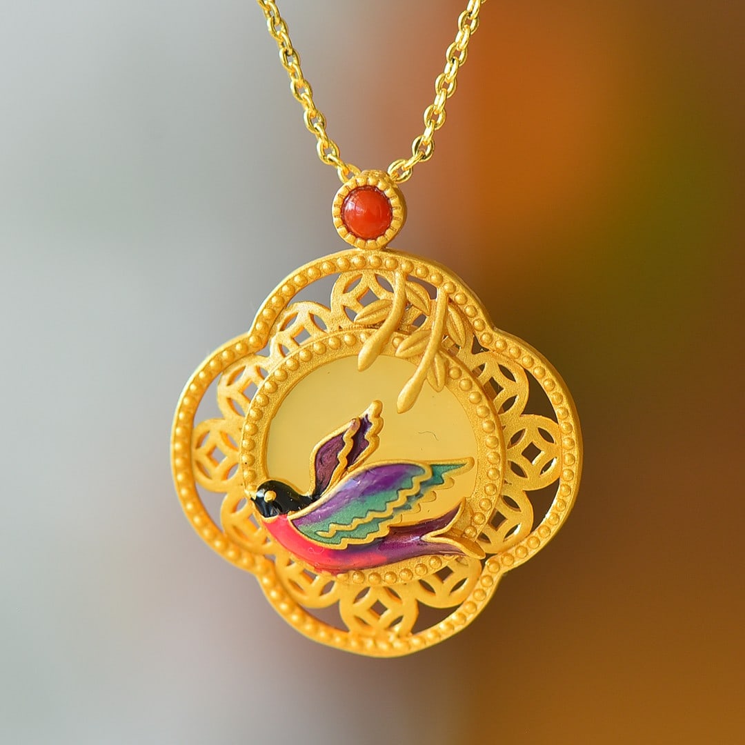 An Exquisite Sterling Silver-Gold Plated Inlaid White Jade Enamel Pendant: An Exquisite Sterling Silver-Gold Plated Inlaid White Jade Enamel Pendant 纯银镀金镶白玉珐琅吊坠