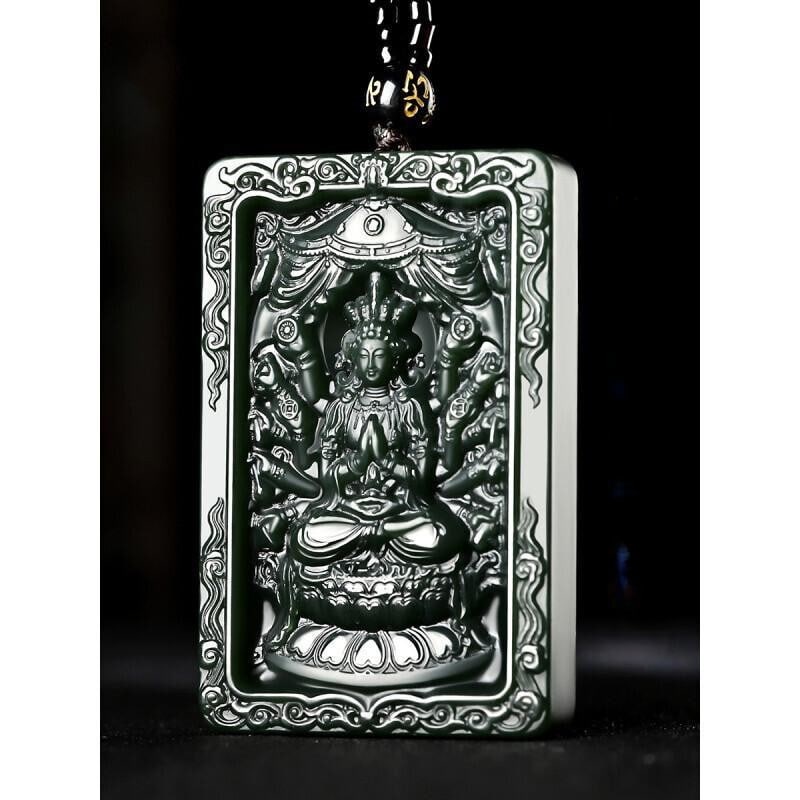 An Exquisite Cyan jade Statue of Thousand-Hand Avalokitesvara Pendant: An Exquisite Cyan jade Statue of Thousand-Hand Avalokitesvara Pendant,Size:2.4inx1.6inx0.4in 青玉千手观音像挂件