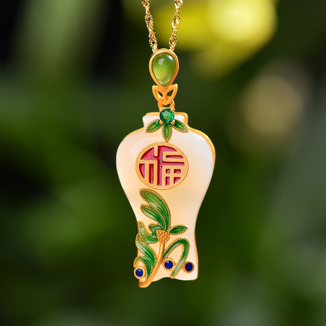 An Exquisite Sterling Silver-Gold Plated Inlaid White Jade Enamel Necklace, Inlaid Diamond: An Exquisite Sterling Silver-Gold Plated Inlaid White Jade Enamel Necklace, Inlaid Diamond,Size:0.7inx1.2in 