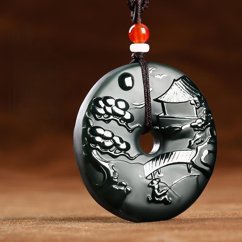 An Exquisite Cyan jade Landscape and Figure Pattern Pendant: An Exquisite Cyan jade Landscape and Figure Pattern Pendant,Size:1.8inx0.2in 青玉山水人物纹挂件