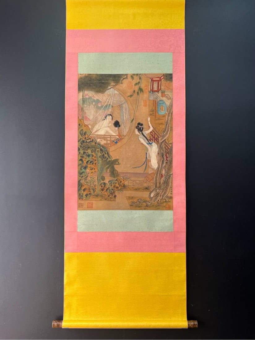 A Chinese Vertical Scroll Ink Painting of Figures on Silk: A Chinese Vertical Scroll Ink Painting of Figures on Silk,Yuan Dynasty, China,Zhao Mengfu,without frame size:18.1inx26in 