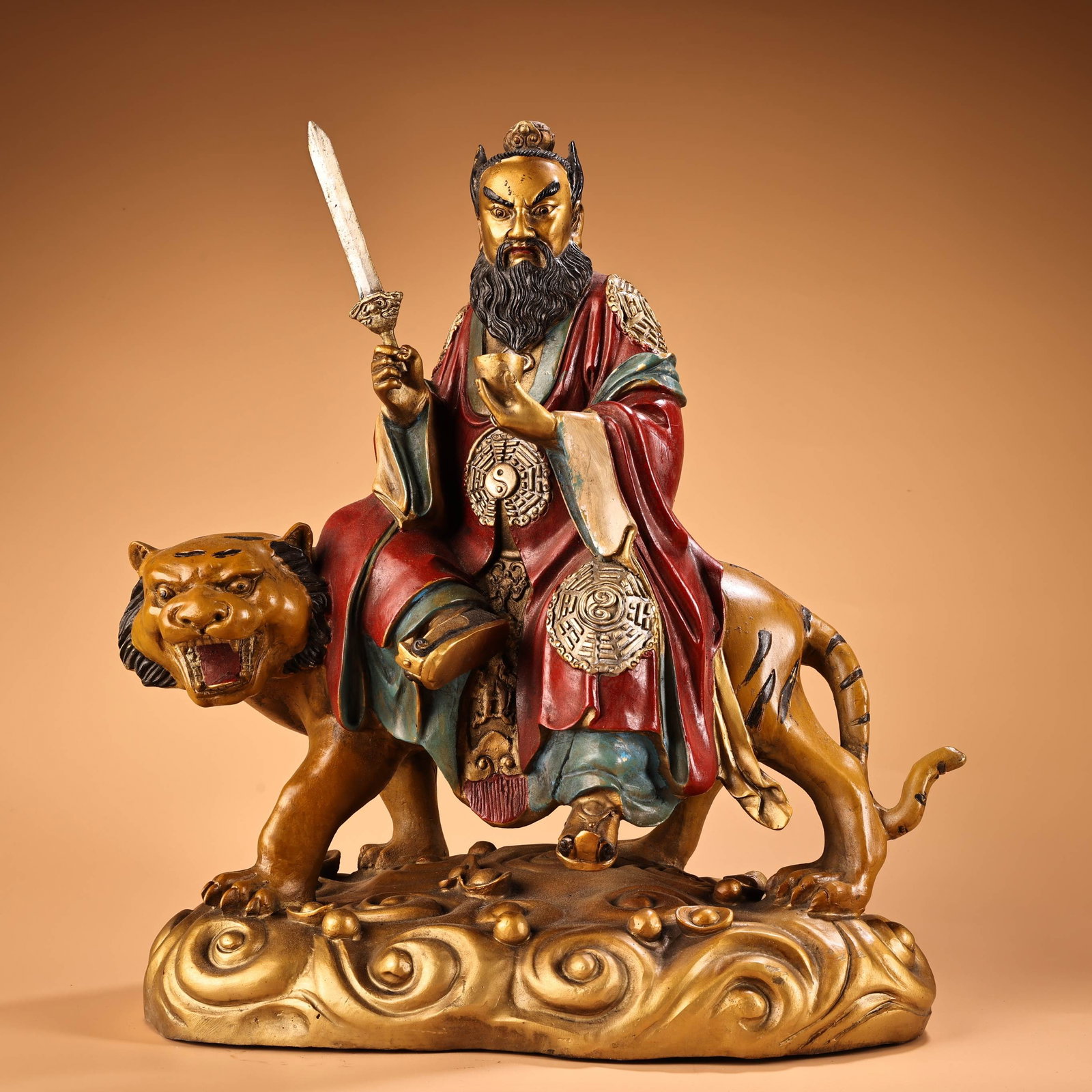 A Exquisite Bronze Carved Painted Gold Figures Ornament: A Exquisite Bronze Carved Painted Gold Figures Ornament,Qing Dynasty,China,Size:15.4inx13.8in,Weight:8700g 