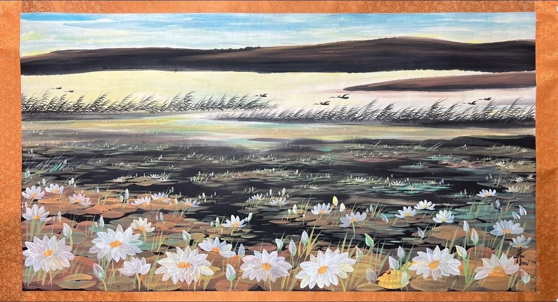 A Chinese Ink Painting of Flower on Paper: A Chinese Ink Painting of Flower on Paper,Modern Time of China,Lin Fengmian,without frame size:38.2inx70.9in 