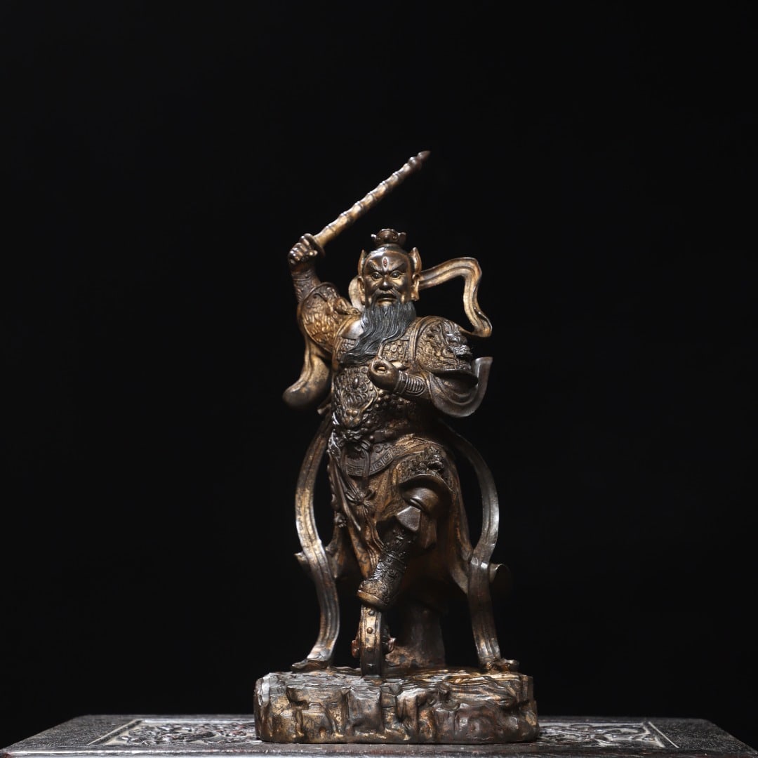 A Exquisite Gold Overlaid Bronze Figure Ornament: A Exquisite Gold Overlaid Bronze Figure Ornament,Qing Dynasty, China,Size:39x15x5.9in,Weight:3030g 铜拓金人物摆件,中国清代