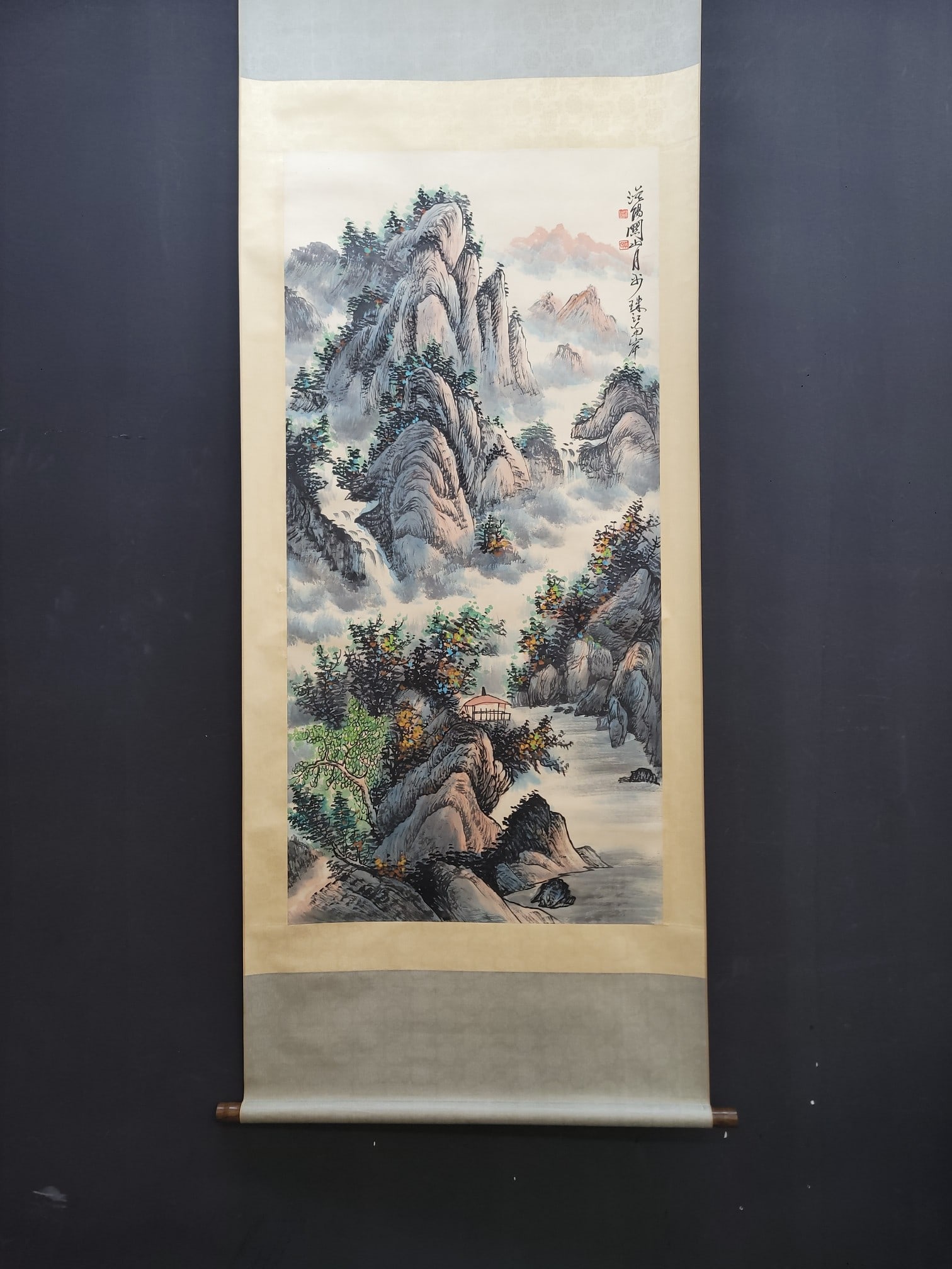 A Chinese Vertical Scroll Ink Painting of Landscape on Paper: A Chinese Vertical Scroll Ink Painting of Landscape on Paper,Modern Time of China,Guan Shanyue,without frame size:26.2inx54.1in 