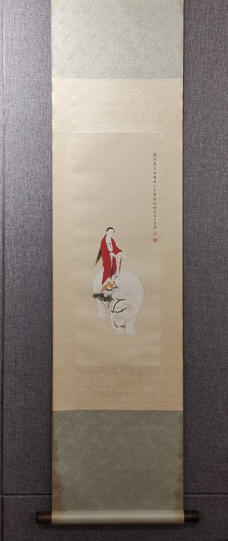 A Chinese Vertical Scroll Ink Painting of Figures on Paper: A Chinese Vertical Scroll Ink Painting of Figures on Paper,Modern Time of China,Lu Xiaoman,Size:30.7inx11.4in 