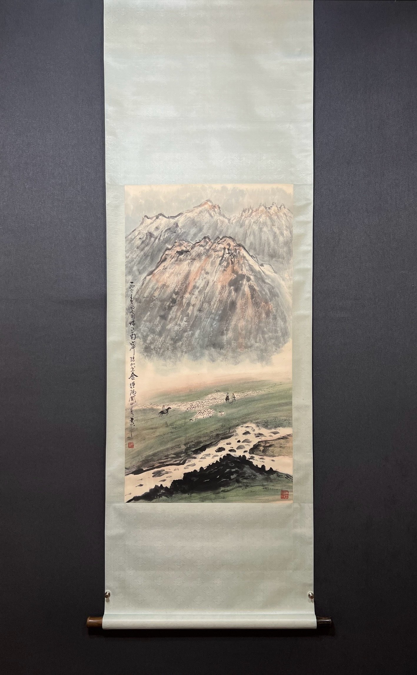 A Chinese Vertical Scroll Ink Painting of Landscape on Paper: A Chinese Vertical Scroll Ink Painting of Landscape on Paper,Modern Time of China,Guan Shanyue,without frame size:20.5inx38.6in 