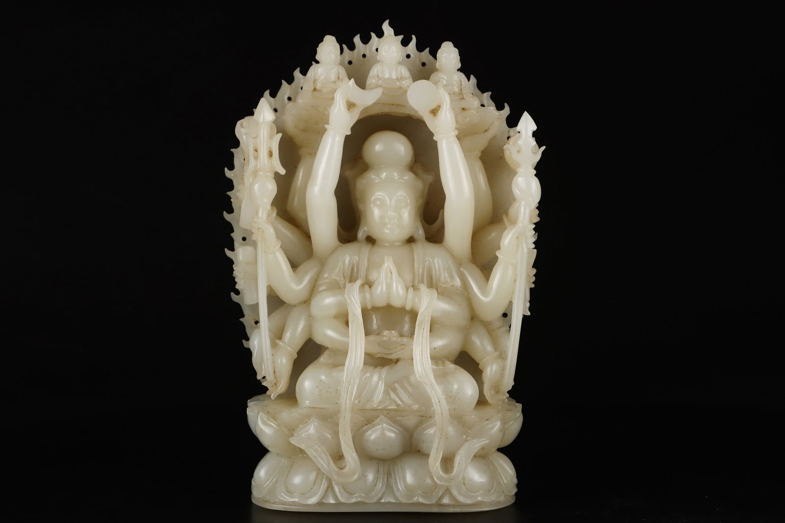 Hetian Jade Thousand-Armed Avalokitesvara Ornament: Hetian Jade Thousand-Armed Avalokitesvara Ornament,Qing Dynasty, China,Size:5.5inx8.3in,Weight:1900g 