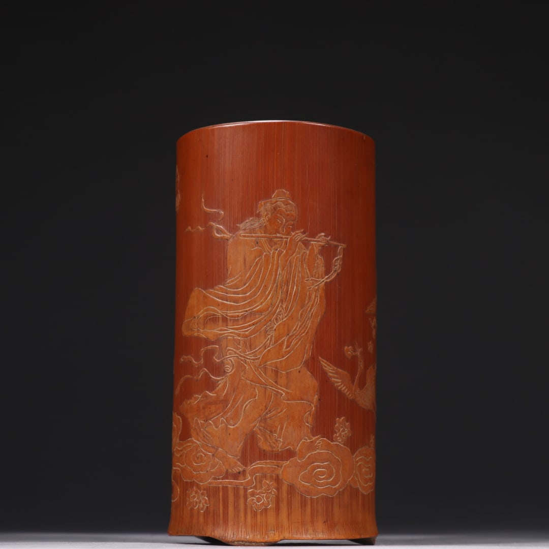 A Exquisite Bamboo Carved Character and Story Pattern Brush Pot: A Exquisite Bamboo Carved Character and Story Pattern Brush Pot,Qing Dynasty, China,With Mark,Size:5.3inx2.6in,Weight:116.4g 