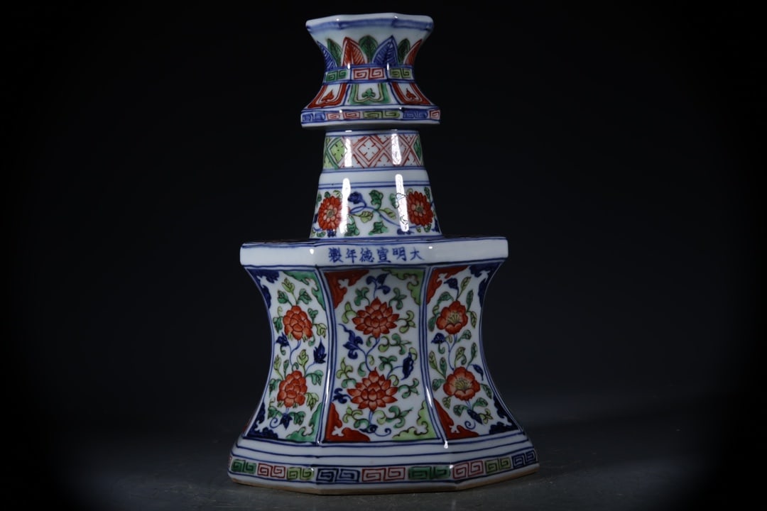 Doucai Flower Pattern Candlestick: Doucai Flower Pattern Candlestick,Ming Dynasty, China,Xuande Six-character Mark,Size:11inx3.1in 