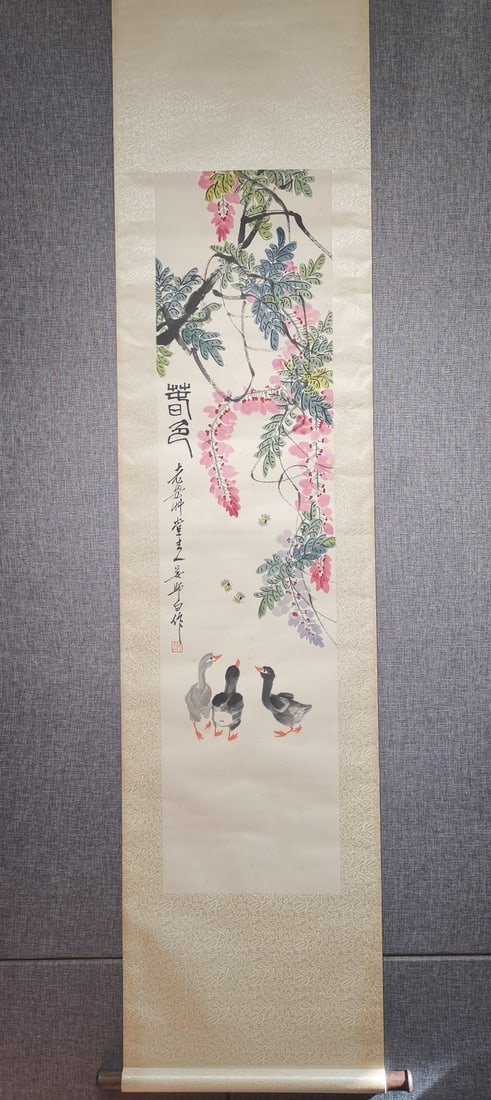 A Chinese Vertical Scroll Ink Painting of Flowers and Birds on Paper: A Chinese Vertical Scroll Ink Painting of Flowers and Birds on Paper,Modern Time of China,Lou Shibai,Size:53.5inx13in 