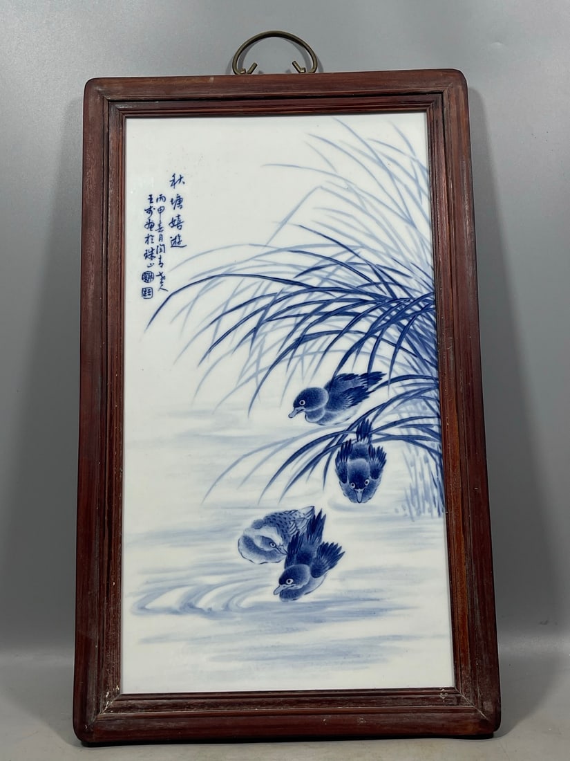 Blue and White Flower and Bird Pattern Porcelain Plate: Blue and White Flower and Bird Pattern Porcelain Plate,Republic of China,Size:24.8inx14.8in 青花花鸟纹瓷板,民国