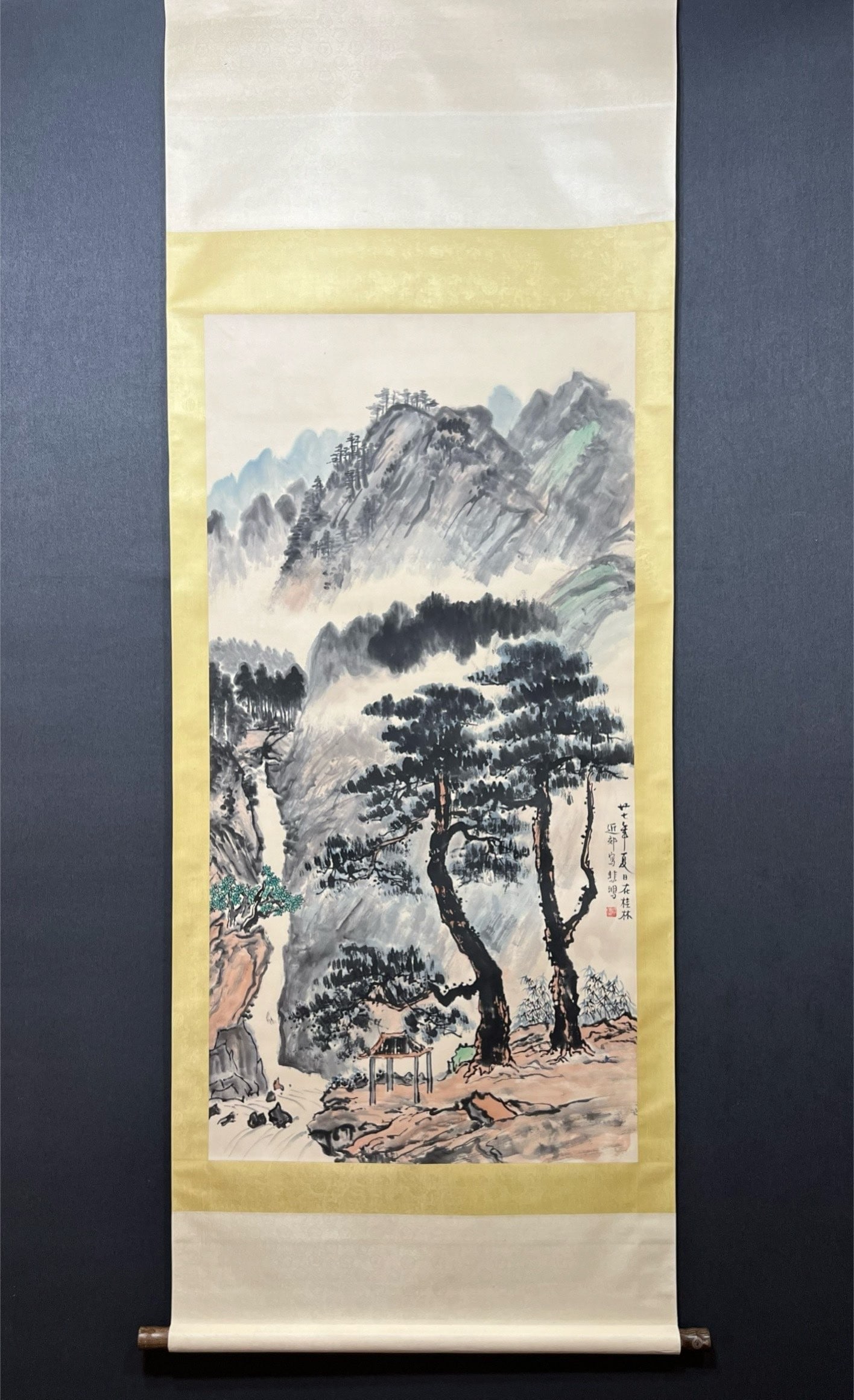 A Chinese Vertical Scroll Ink Painting of Landscape on Paper: A Chinese Vertical Scroll Ink Painting of Landscape on Paper,Modern Time of China,Xu Beihong,without frame size:27.2inx53.9in 