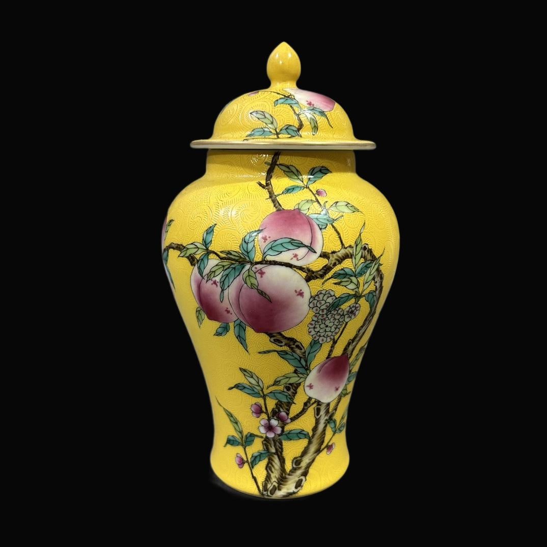 A Exquisite Yellow Glazed Famille-Rose Bats Peach Pattern Jar: A Exquisite Yellow Glazed Famille-Rose Bats Peach Pattern Jar,Qing Dynasty, China,Qianlong Six-character Mark,Size:9.3inx4.5in 