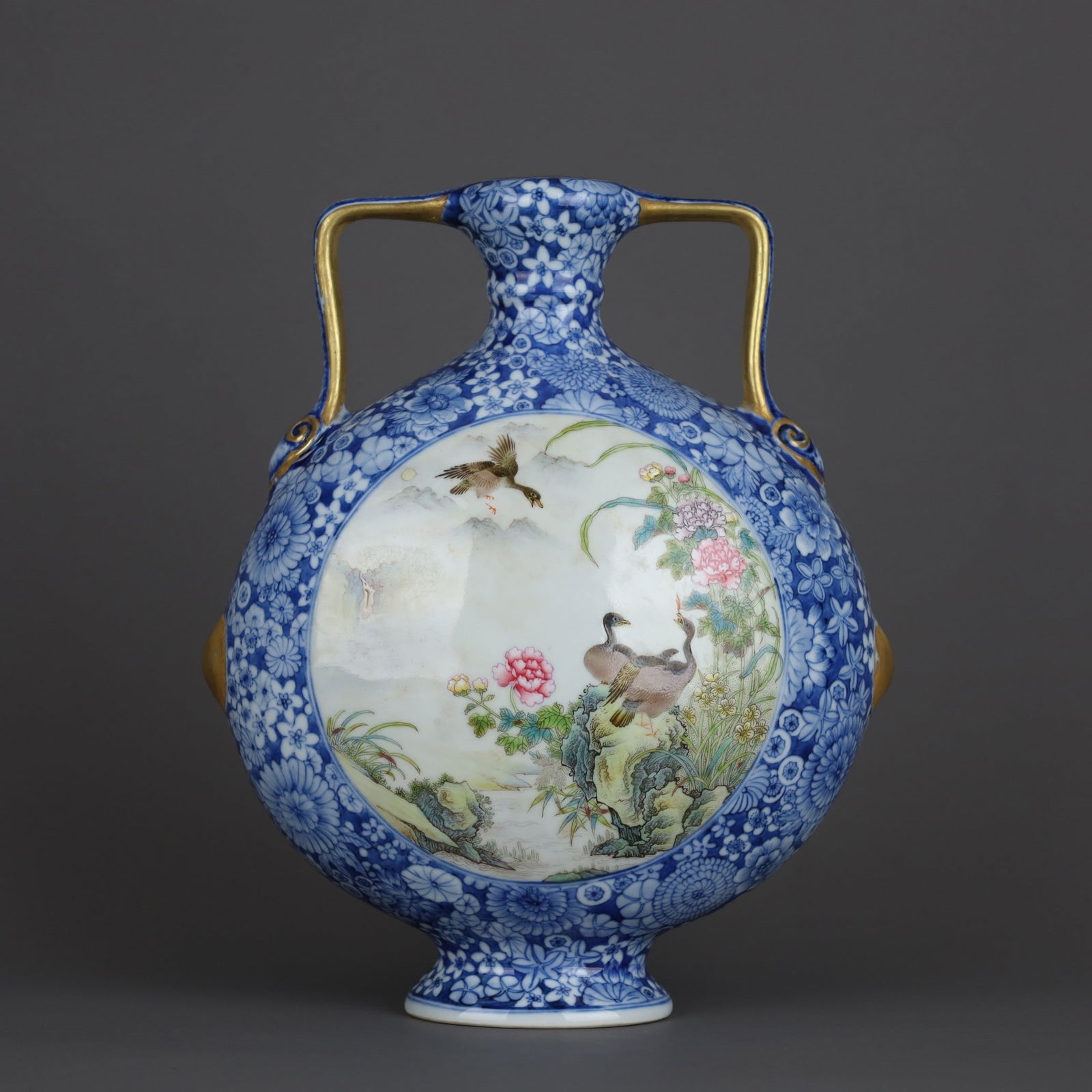 A Exquisite Blue and White Famille-Rose Flower and Bird Pattern Ruyi Ears Vase: A Exquisite Blue and White Famille-Rose Flower and Bird Pattern Ruyi Ears Vase,Qing Dynasty, China,Qianlong Six-character Mark,Size:9.3inx7.9in 