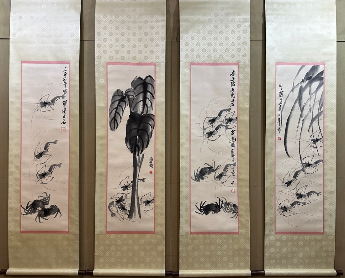 A Set of Chinese Vertical Scroll Ink Painting of Shrimp on Paper: A Set of Chinese Vertical Scroll Ink Painting of Shrimp on Paper,Modern Time of China,Qi Baishi,without frame size:13.4inx46.9in 