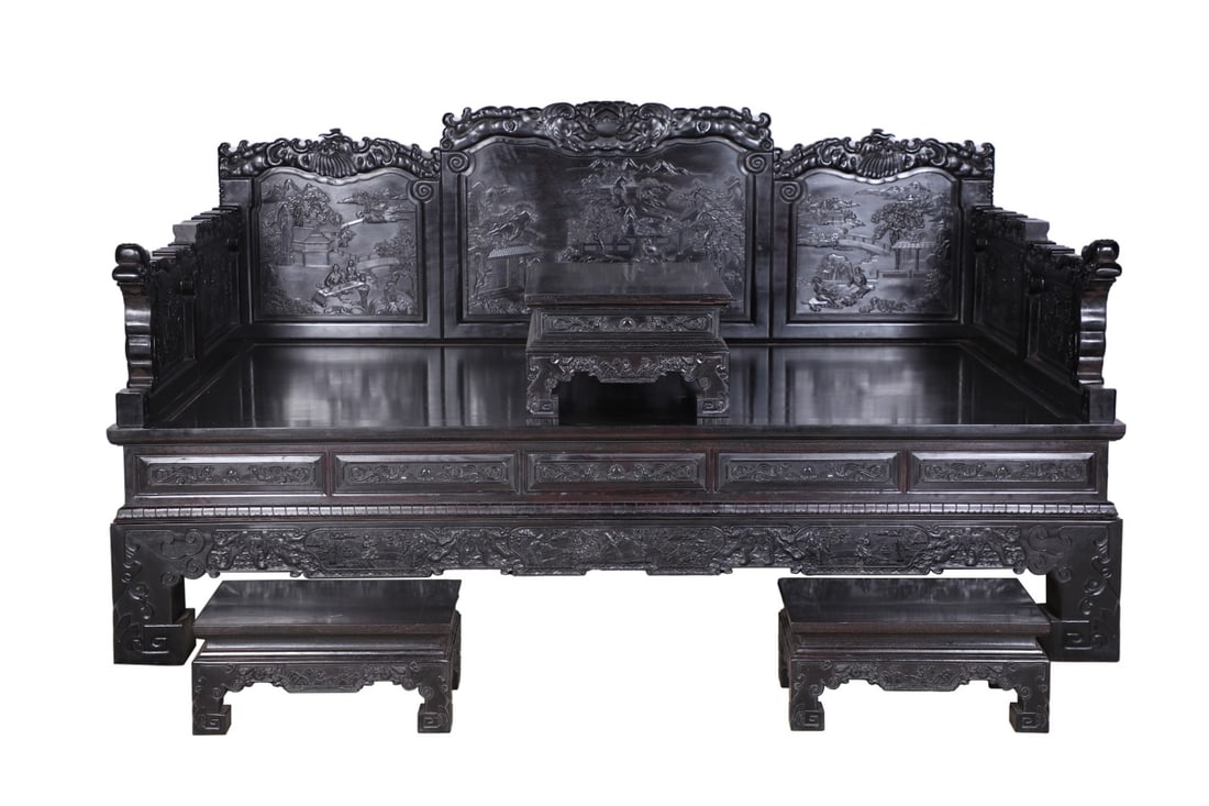 A Set of Exquisite Zitanwood Landscape Pattern Statue of Arhat bed: A Set of Exquisite Zitanwood Landscape Pattern Statue of Arhat bed,Qing Dynasty, China,Size:85.8inx59.1inx46.9in 