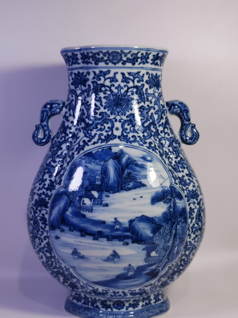 A Exquisite Blue and White Lotus Landscape Pattern Elephant-Ears Vase: A Exquisite Blue and White Lotus Landscape Pattern Elephant-Ears Vase,Qing Dynasty, China,Qianlong Six-character Mark,Size: 14.8inx5in 