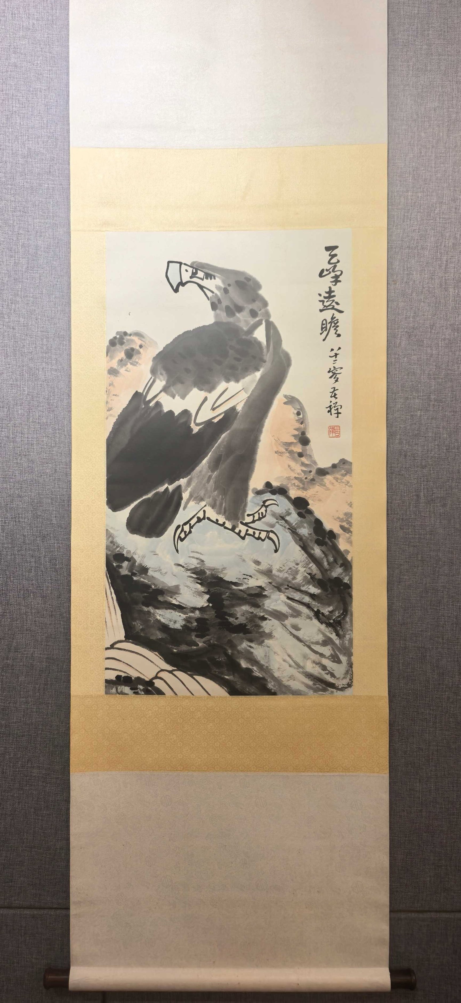 A Chinese Vertical Scroll Ink Painting of Eagles on Paper: A Chinese Vertical Scroll Ink Painting of Eagles on Paper,Modern Time of China,Li Kuchan,Size:35inx18.5in 
