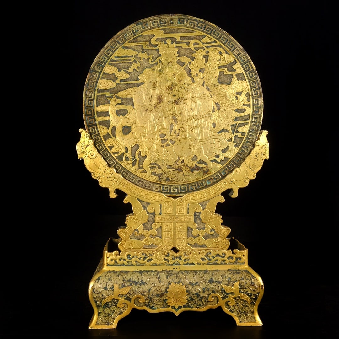 A Exquisite Bronze Gilt Human Pattern Screen: A Exquisite Bronze Gilt Human Pattern Screen,Qing Dynasty, China,Size:13inx8.3in,Weight:2851g 铜鎏金人物纹屏风,中国清代