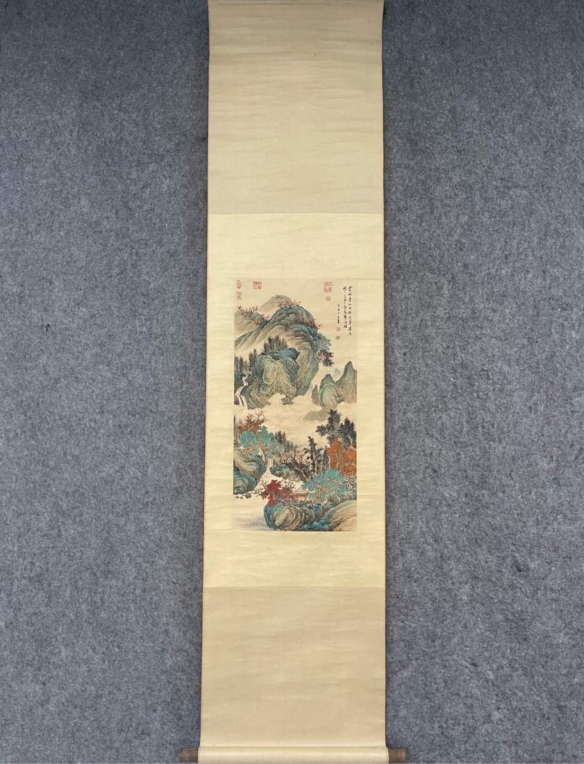 A Chinese Vertical Scroll Ink Painting of Landscape on Silk (1 of 9)