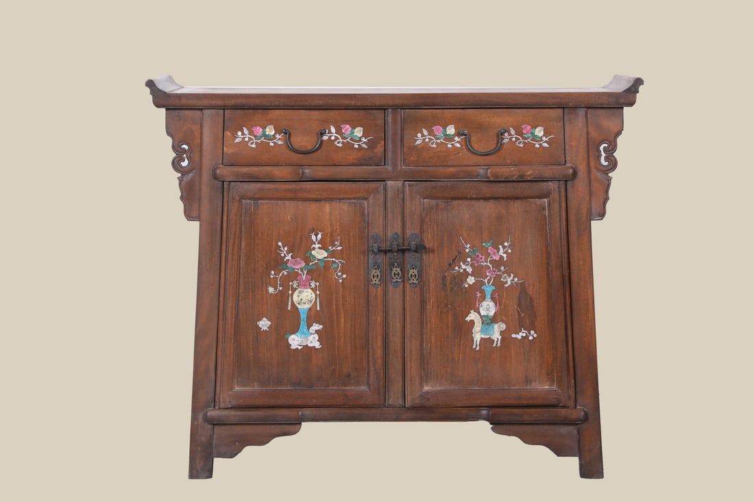 A Exquisite Huanghuali Wood Inlaid Seashell Cabinet: A Exquisite Huanghuali Wood Inlaid Seashell Cabinet,Qing Dynasty, China,Size:40.2inx15.7inx33.1in 黄花梨镶嵌贝壳柜,中国清代