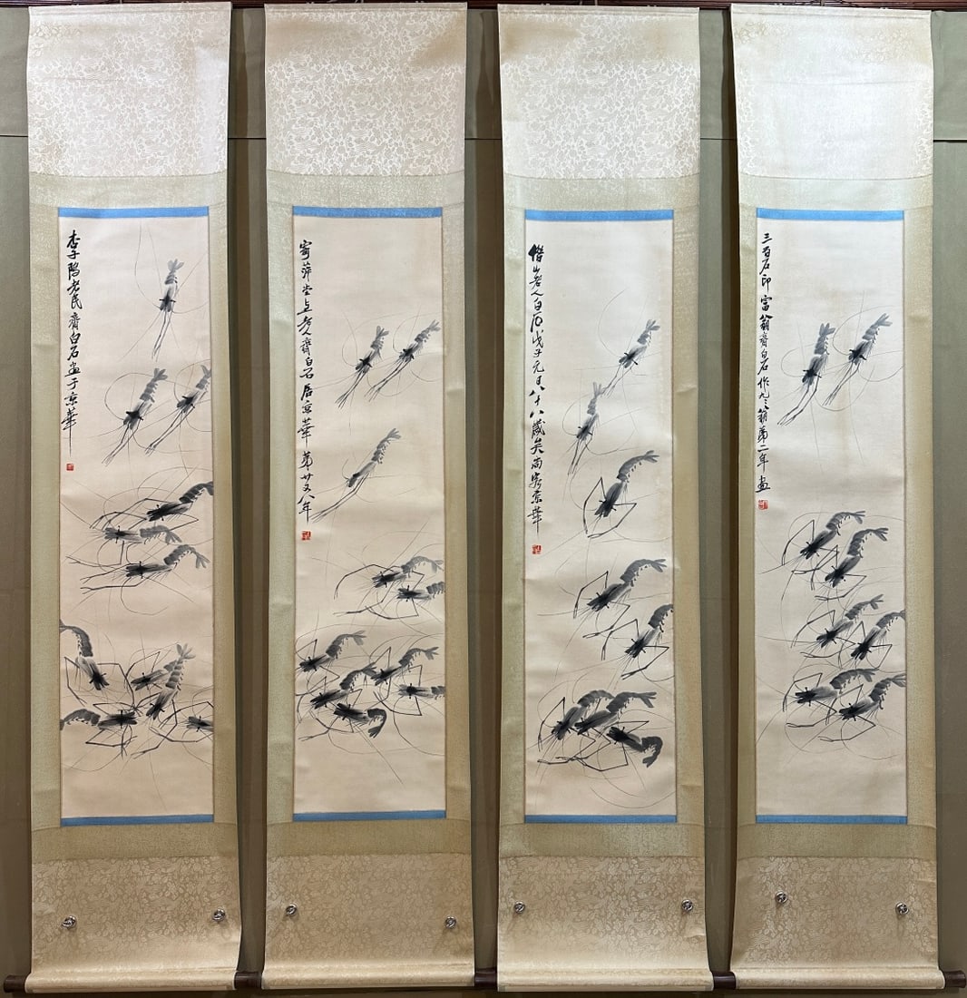 A Set of Chinese Vertical Scroll Ink Painting of Shrimp on Paper: A Set of Chinese Vertical Scroll Ink Painting of Shrimp on Paper,Modern Time of China,Qi Baishi,without frame size:13.4inx52.8in 
