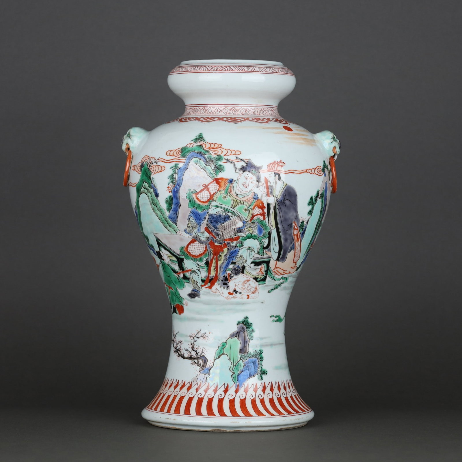 A Exquisite Wucai Figures Pattern Animal Ears Vase: A Exquisite Wucai Figures Pattern Animal Ears Vase,Qing Dynasty, China,kangxi Six-character Mark,Size:14.3inx8.9in 