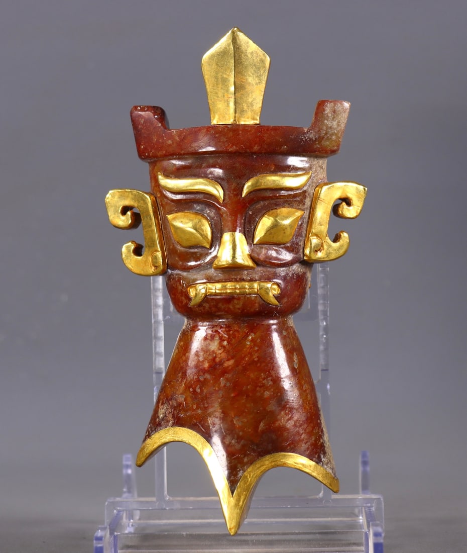 Hetian Jade Gold-Plated Mask Ornament: Hetian Jade Gold-Plated Mask Ornament,Ancient Time, China,Size:2.4inx7.1inx3.5in,Weight:828g 