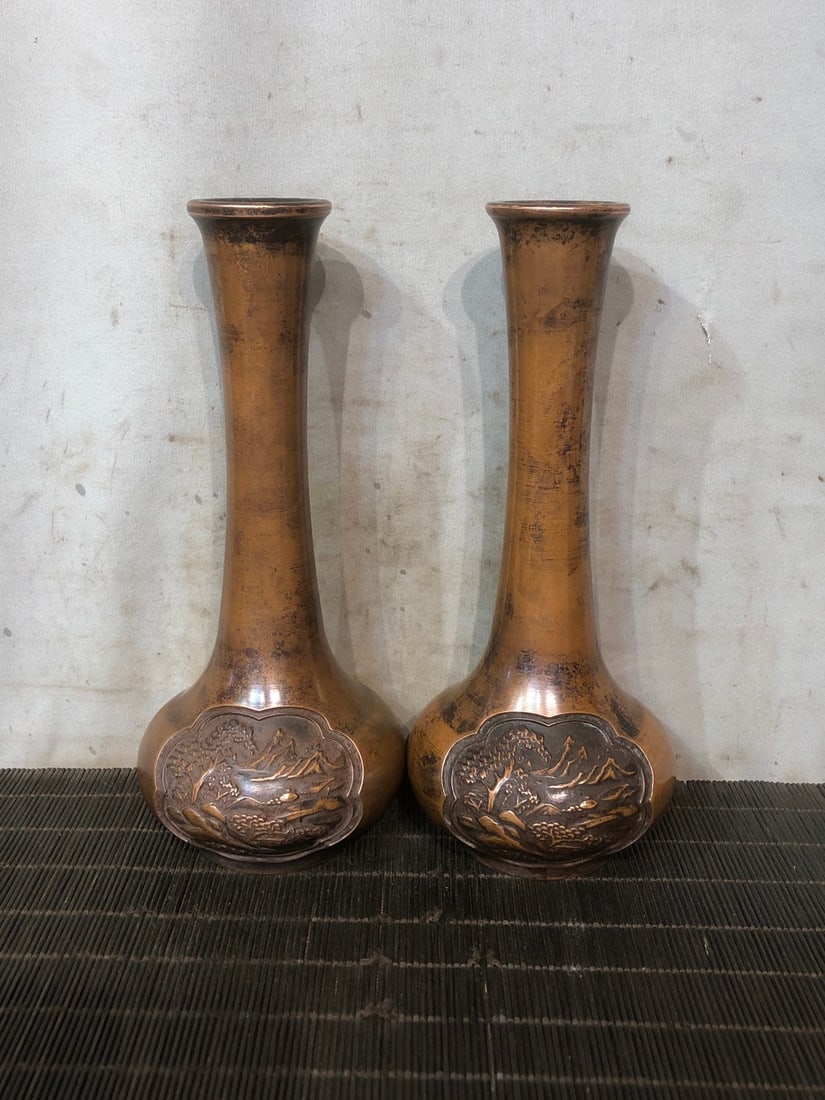A Exquisite A pair of Red Copper Landscape Pattern Vase: A Exquisite A pair of Red Copper Landscape Pattern Vase,Qing Dynasty, China,Size:3.1inx3.1inx7.7in,Weight:1295.5g 