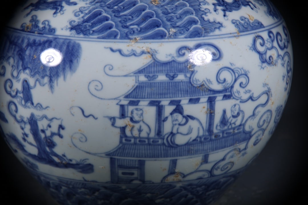Blue and White Figures Pattern Jar - 6