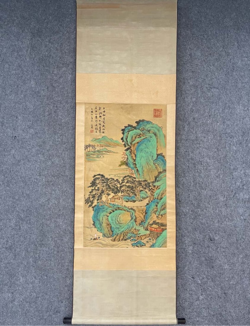 A Chinese Vertical Scroll Ink Painting of Landscape on Silk (1 of 9)