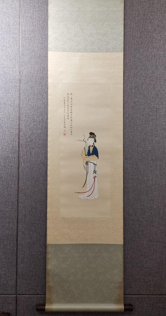 A Chinese Vertical Scroll Ink Painting of Figures on Paper: A Chinese Vertical Scroll Ink Painting of Figures on Paper,Modern Time of China,Lu Xiaoman,Size:31.1inx11.4in 一幅中国水墨纸本人物画&#