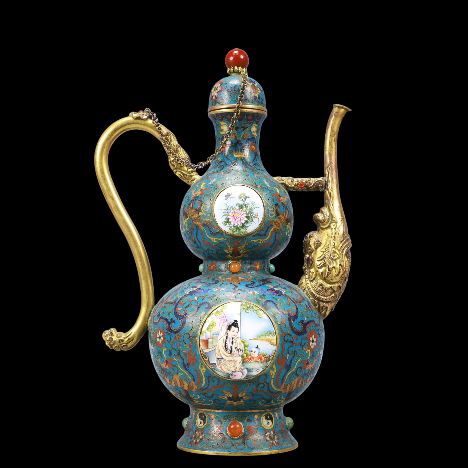 A Exquisite Cloisonne Lotus Pattern Phoenix Pattern Flower and Butterfly Pattern Character and Story: A Exquisite Cloisonne Lotus Pattern Phoenix Pattern Flower and Butterfly Pattern Character and Story Pattern Ewer Qing Dynasty, China Qianlong Four-character Mark Size:8.3inx5.5inx13.4in Weight:1800g&