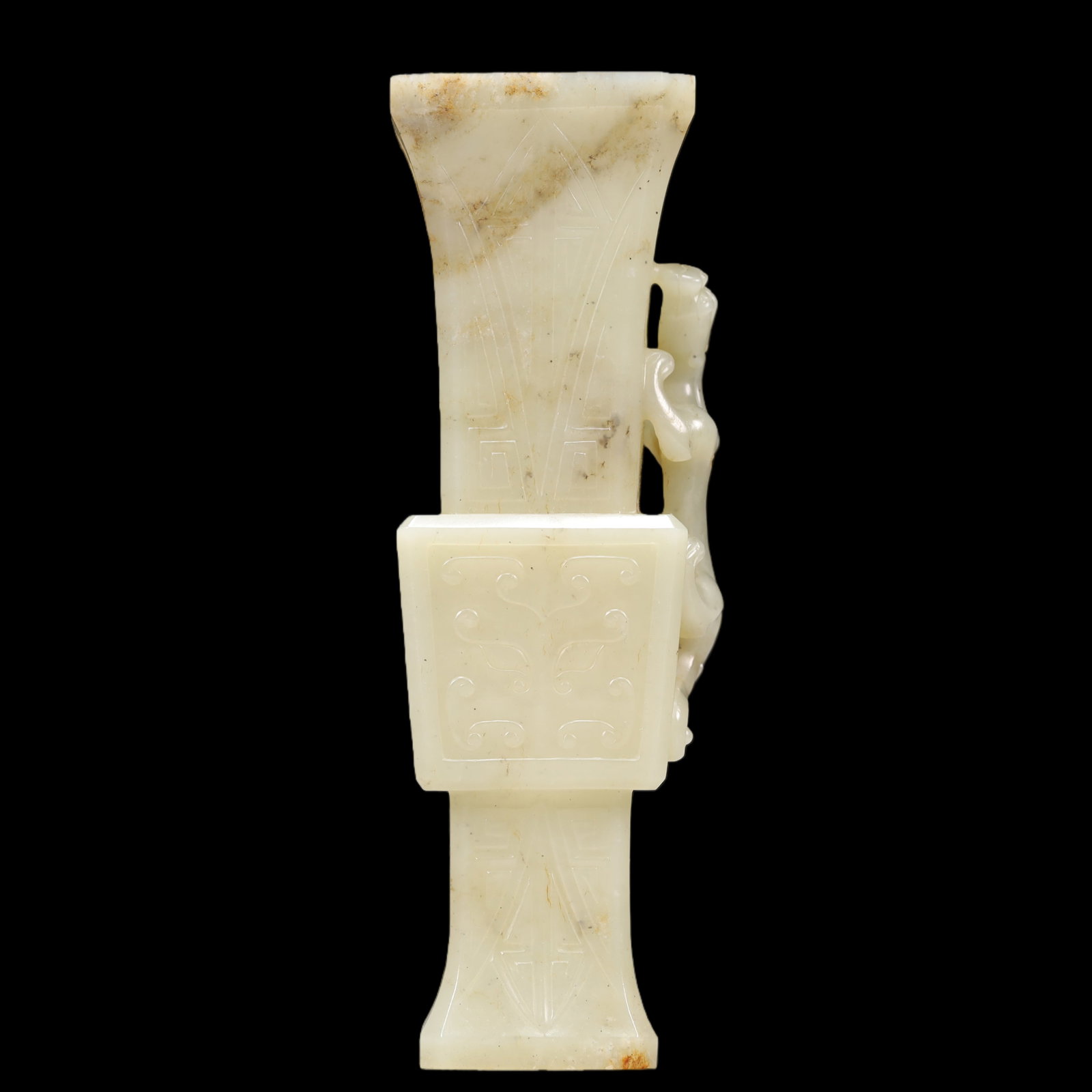 An Exquisite Green Jade Beast-Face Pattern Chi-Dragon Pattern Vase: An Exquisite Green Jade Beast-Face Pattern Chi-Dragon Pattern Vase Qing Dynasty, China Size:2.2inx6.7in Weight:279g青玉兽面纹螭龙纹瓶 中