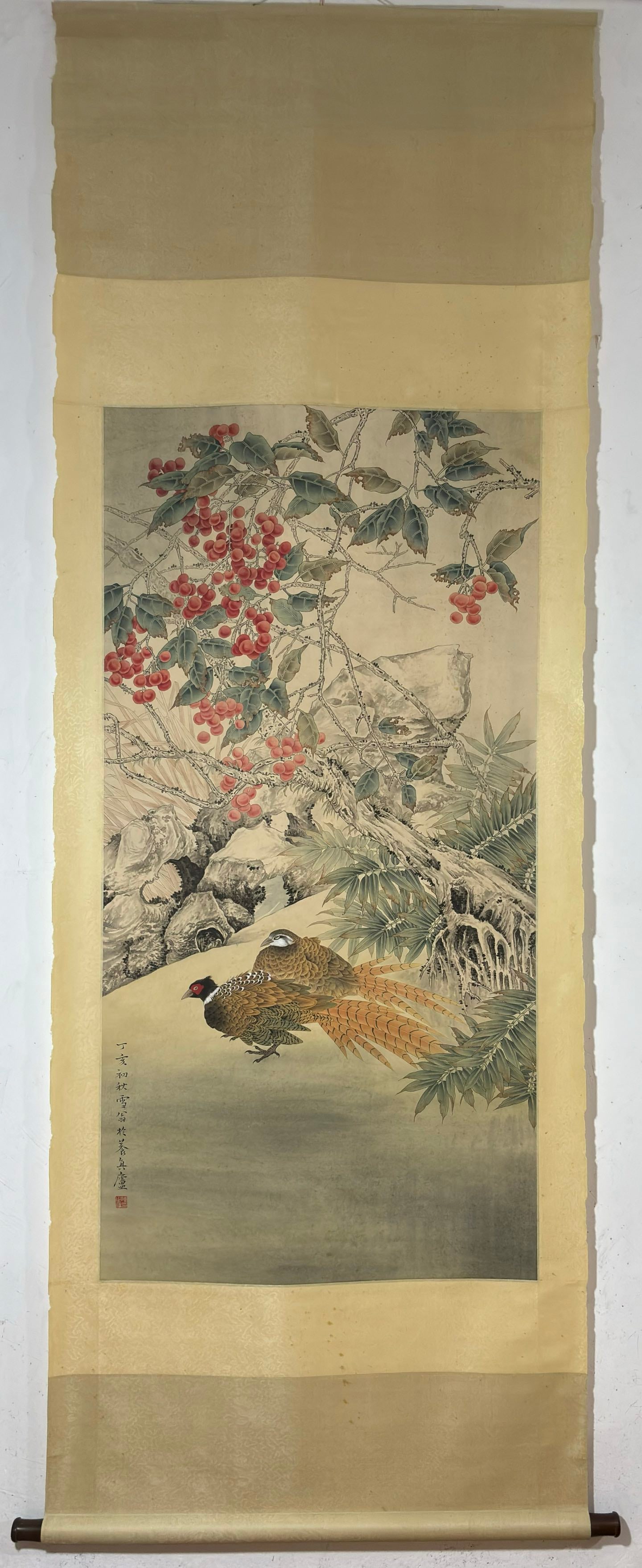 A Chinese Vertical Scroll Ink Painting of Flower and Bird on Paper: A Chinese Vertical Scroll Ink Painting of Flower and Bird on Paper Chen zhifo Without frame Size:50.8inx25.4in陈之佛花鸟图 纸本立轴Without f