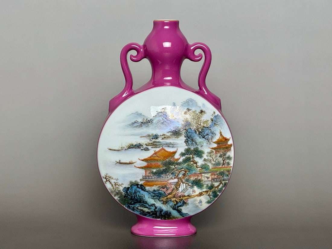 An Exquisite Ruby Red-Glazed Landscape Pattern Gourd-Shaped Double-Ears Vase: An Exquisite Ruby Red-Glazed Landscape Pattern Gourd-Shaped Double-Ears Vase Qing Dynasty, China Qianlong Six-character Mark Size:8.3inx5.2in胭脂红釉山水楼